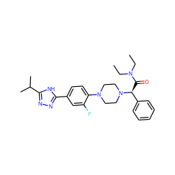 CCN(CC)C(=O)[C@@H](c1ccccc1)N1CCN(c2ccc(-c3nnc(C(C)C)[nH]3)cc2F)CC1 ZINC000103226289