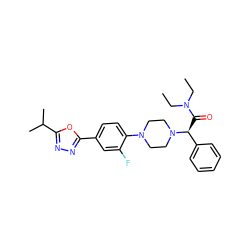 CCN(CC)C(=O)[C@@H](c1ccccc1)N1CCN(c2ccc(-c3nnc(C(C)C)o3)cc2F)CC1 ZINC000103226284