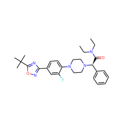 CCN(CC)C(=O)[C@@H](c1ccccc1)N1CCN(c2ccc(-c3noc(C(C)(C)C)n3)cc2F)CC1 ZINC000103225261