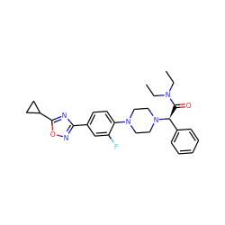 CCN(CC)C(=O)[C@@H](c1ccccc1)N1CCN(c2ccc(-c3noc(C4CC4)n3)cc2F)CC1 ZINC000103225257