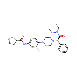 CCN(CC)C(=O)[C@@H](c1ccccc1)N1CCN(c2ccc(NC(=O)[C@H]3CCOC3)cc2F)CC1 ZINC000103227816