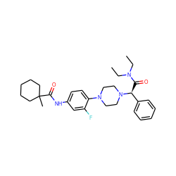 CCN(CC)C(=O)[C@@H](c1ccccc1)N1CCN(c2ccc(NC(=O)C3(C)CCCCC3)cc2F)CC1 ZINC000103227836