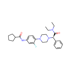 CCN(CC)C(=O)[C@@H](c1ccccc1)N1CCN(c2ccc(NC(=O)C3CCCC3)cc2F)CC1 ZINC000103227808