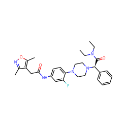 CCN(CC)C(=O)[C@@H](c1ccccc1)N1CCN(c2ccc(NC(=O)Cc3c(C)noc3C)cc2F)CC1 ZINC000103227770