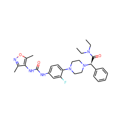 CCN(CC)C(=O)[C@@H](c1ccccc1)N1CCN(c2ccc(NC(=O)Nc3c(C)noc3C)cc2F)CC1 ZINC000103227779