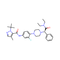 CCN(CC)C(=O)[C@@H](c1ccccc1)N1CCN(c2ccc(NC(=O)c3c(C)cnn3C(C)(C)C)cc2F)CC1 ZINC000103227761