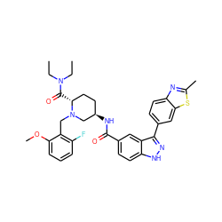 CCN(CC)C(=O)[C@@H]1CC[C@@H](NC(=O)c2ccc3[nH]nc(-c4ccc5nc(C)sc5c4)c3c2)CN1Cc1c(F)cccc1OC ZINC000145006799