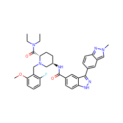 CCN(CC)C(=O)[C@@H]1CC[C@@H](NC(=O)c2ccc3[nH]nc(-c4ccc5nn(C)cc5c4)c3c2)CN1Cc1c(F)cccc1OC ZINC000144899993