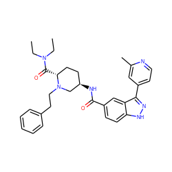 CCN(CC)C(=O)[C@@H]1CC[C@@H](NC(=O)c2ccc3[nH]nc(-c4ccnc(C)c4)c3c2)CN1CCc1ccccc1 ZINC000205008692