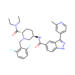 CCN(CC)C(=O)[C@@H]1CC[C@@H](NC(=O)c2ccc3[nH]nc(-c4ccnc(C)c4)c3c2)CN1Cc1c(F)cccc1F ZINC000205037033