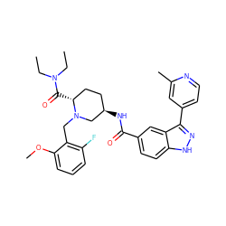 CCN(CC)C(=O)[C@@H]1CC[C@@H](NC(=O)c2ccc3[nH]nc(-c4ccnc(C)c4)c3c2)CN1Cc1c(F)cccc1OC ZINC000199804880