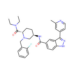 CCN(CC)C(=O)[C@@H]1CC[C@@H](NC(=O)c2ccc3[nH]nc(-c4ccnc(C)c4)c3c2)CN1Cc1ccccc1F ZINC000205036644