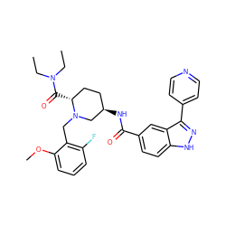 CCN(CC)C(=O)[C@@H]1CC[C@@H](NC(=O)c2ccc3[nH]nc(-c4ccncc4)c3c2)CN1Cc1c(F)cccc1OC ZINC000145043956