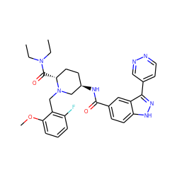 CCN(CC)C(=O)[C@@H]1CC[C@@H](NC(=O)c2ccc3[nH]nc(-c4ccnnc4)c3c2)CN1Cc1c(F)cccc1OC ZINC000145091436