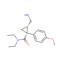 CCN(CC)C(=O)[C@]1(c2ccc(OC)cc2)C[C@@H]1CN ZINC000028819390