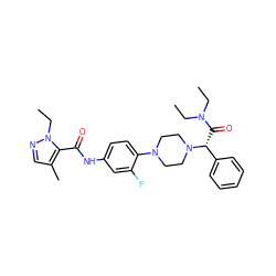 CCN(CC)C(=O)[C@H](c1ccccc1)N1CCN(c2ccc(NC(=O)c3c(C)cnn3CC)cc2F)CC1 ZINC000103227880