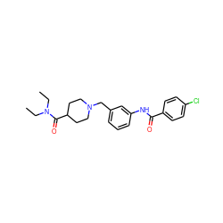 CCN(CC)C(=O)C1CCN(Cc2cccc(NC(=O)c3ccc(Cl)cc3)c2)CC1 ZINC000512209400