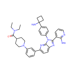 CCN(CC)C(=O)C1CCN(c2cccc(-c3ccc4nc(-c5cccnc5N)n(-c5ccc(C6(N)CCC6)cc5)c4n3)c2)CC1 ZINC000169697640