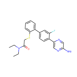 CCN(CC)C(=O)CSc1ccccc1-c1ccc(-c2cnc(N)cn2)c(F)c1 ZINC000224811203