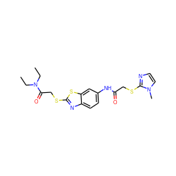 CCN(CC)C(=O)CSc1nc2ccc(NC(=O)CSc3nccn3C)cc2s1 ZINC000017440252