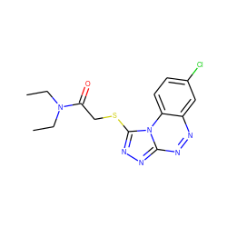 CCN(CC)C(=O)CSc1nnc2nnc3cc(Cl)ccc3n12 ZINC000001038998