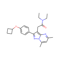 CCN(CC)C(=O)Cc1c(-c2ccc(OC3CCC3)cc2)nn2c(C)cc(C)nc12 ZINC000168726657