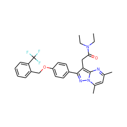 CCN(CC)C(=O)Cc1c(-c2ccc(OCc3ccccc3C(F)(F)F)cc2)nn2c(C)cc(C)nc12 ZINC000299863455