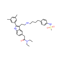 CCN(CC)C(=O)Cc1ccc2[nH]c(-c3cc(C)cc(C)c3)c(CCNCCCCc3ccc(NS(C)(=O)=O)cc3)c2c1 ZINC000029417244