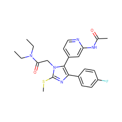 CCN(CC)C(=O)Cn1c(SC)nc(-c2ccc(F)cc2)c1-c1ccnc(NC(C)=O)c1 ZINC000064512241