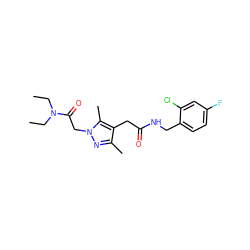 CCN(CC)C(=O)Cn1nc(C)c(CC(=O)NCc2ccc(F)cc2Cl)c1C ZINC000095565074