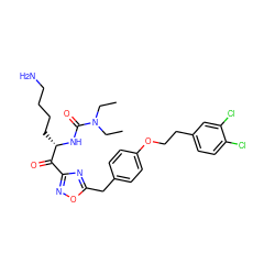 CCN(CC)C(=O)N[C@@H](CCCCN)C(=O)c1noc(Cc2ccc(OCCc3ccc(Cl)c(Cl)c3)cc2)n1 ZINC000042923793