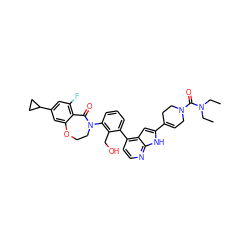 CCN(CC)C(=O)N1CC=C(c2cc3c(-c4cccc(N5CCOc6cc(C7CC7)cc(F)c6C5=O)c4CO)ccnc3[nH]2)CC1 ZINC001772624632