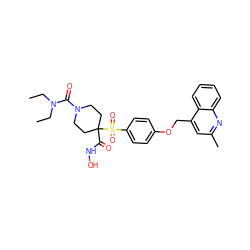 CCN(CC)C(=O)N1CCC(C(=O)NO)(S(=O)(=O)c2ccc(OCc3cc(C)nc4ccccc34)cc2)CC1 ZINC000049889008