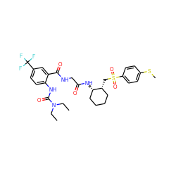 CCN(CC)C(=O)Nc1ccc(C(F)(F)F)cc1C(=O)NCC(=O)N[C@H]1CCCC[C@H]1CS(=O)(=O)c1ccc(SC)cc1 ZINC000049841201