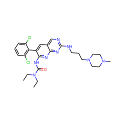 CCN(CC)C(=O)Nc1nc2nc(NCCCN3CCN(C)CC3)ncc2cc1-c1c(Cl)cccc1Cl ZINC000023357763