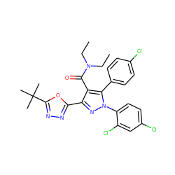 CCN(CC)C(=O)c1c(-c2nnc(C(C)(C)C)o2)nn(-c2ccc(Cl)cc2Cl)c1-c1ccc(Cl)cc1 ZINC000042851988