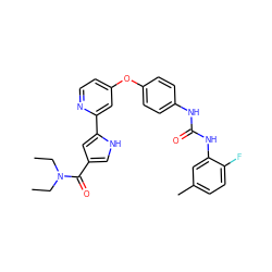 CCN(CC)C(=O)c1c[nH]c(-c2cc(Oc3ccc(NC(=O)Nc4cc(C)ccc4F)cc3)ccn2)c1 ZINC000116236391