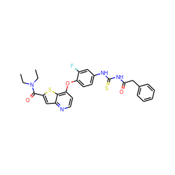 CCN(CC)C(=O)c1cc2nccc(Oc3ccc(NC(=S)NC(=O)Cc4ccccc4)cc3F)c2s1 ZINC000029042490