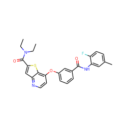 CCN(CC)C(=O)c1cc2nccc(Oc3cccc(C(=O)Nc4cc(C)ccc4F)c3)c2s1 ZINC000219991479