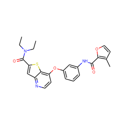 CCN(CC)C(=O)c1cc2nccc(Oc3cccc(NC(=O)c4occc4C)c3)c2s1 ZINC000219983206