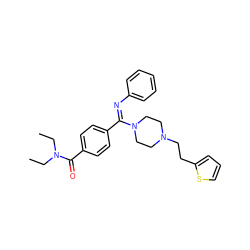 CCN(CC)C(=O)c1ccc(/C(=N/c2ccccc2)N2CCN(CCc3cccs3)CC2)cc1 ZINC000029466932