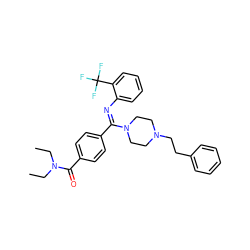 CCN(CC)C(=O)c1ccc(/C(=N/c2ccccc2C(F)(F)F)N2CCN(CCc3ccccc3)CC2)cc1 ZINC000029470167