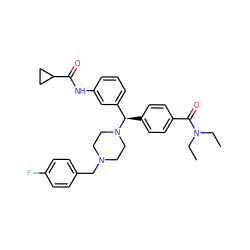 CCN(CC)C(=O)c1ccc([C@H](c2cccc(NC(=O)C3CC3)c2)N2CCN(Cc3ccc(F)cc3)CC2)cc1 ZINC000073196813