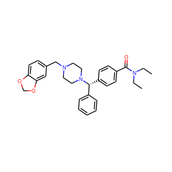 CCN(CC)C(=O)c1ccc([C@H](c2ccccc2)N2CCN(Cc3ccc4c(c3)OCO4)CC2)cc1 ZINC000028762489