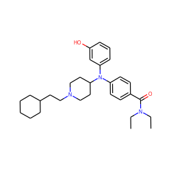 CCN(CC)C(=O)c1ccc(N(c2cccc(O)c2)C2CCN(CCC3CCCCC3)CC2)cc1 ZINC000045254258