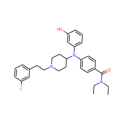 CCN(CC)C(=O)c1ccc(N(c2cccc(O)c2)C2CCN(CCc3cccc(F)c3)CC2)cc1 ZINC000045255039