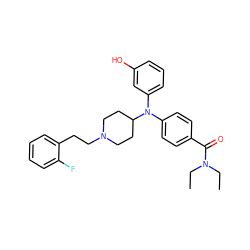 CCN(CC)C(=O)c1ccc(N(c2cccc(O)c2)C2CCN(CCc3ccccc3F)CC2)cc1 ZINC000045298603