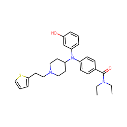 CCN(CC)C(=O)c1ccc(N(c2cccc(O)c2)C2CCN(CCc3cccs3)CC2)cc1 ZINC000045259541