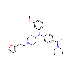 CCN(CC)C(=O)c1ccc(N(c2cccc(OC)c2)C2CCN(CCc3ccco3)CC2)cc1 ZINC000045255191