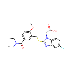 CCN(CC)C(=O)c1ccc(OC)c(CSc2nc3cc(F)ccc3n2CC(=O)O)c1 ZINC000084654132